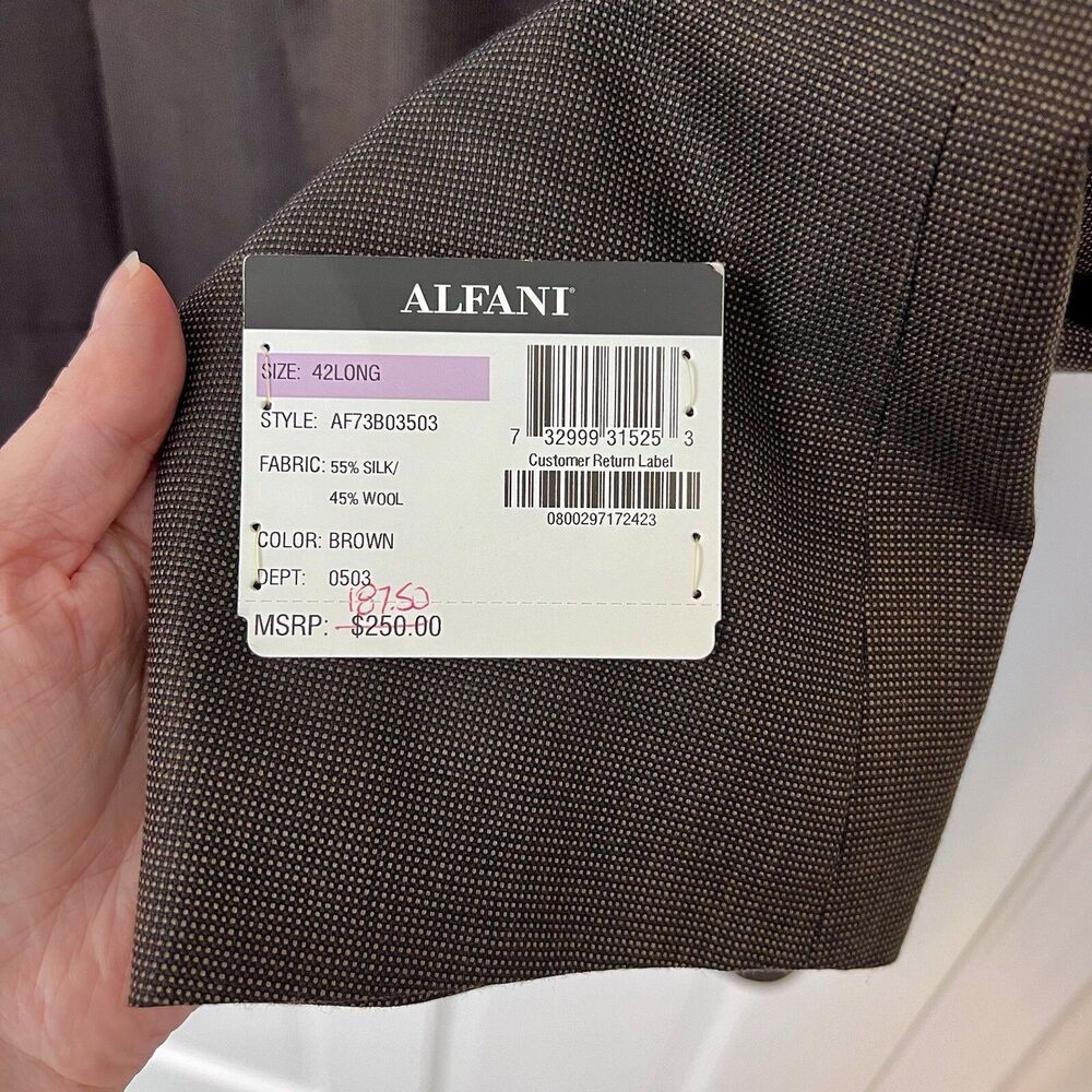 ALFANI 3 Button Fully Lined Silk Wool Blazer Sport Coat Brown Mens 42L NWT - Picture 4 of 6